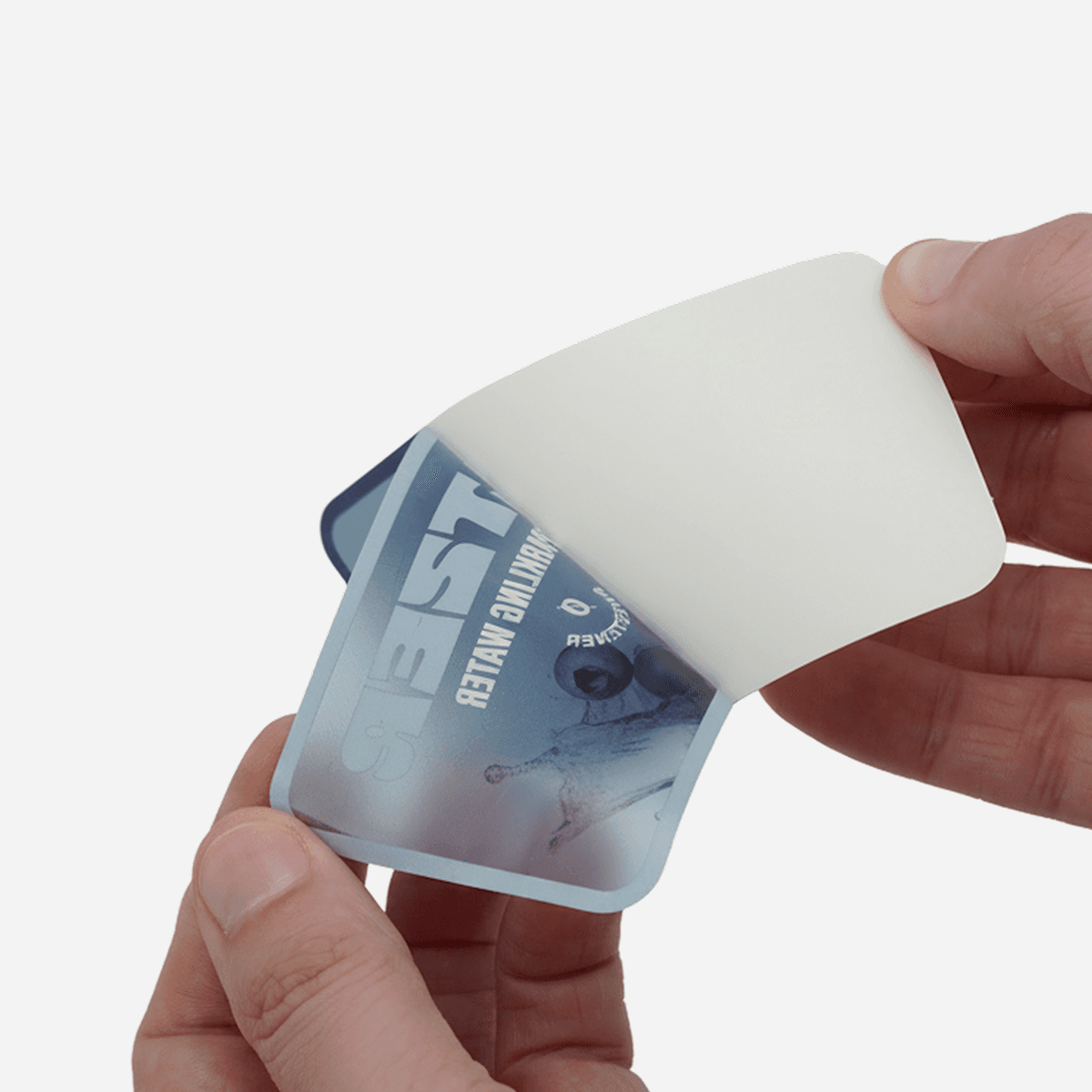 Clear sticker with split backing partially peeled away to show easy peel application.
