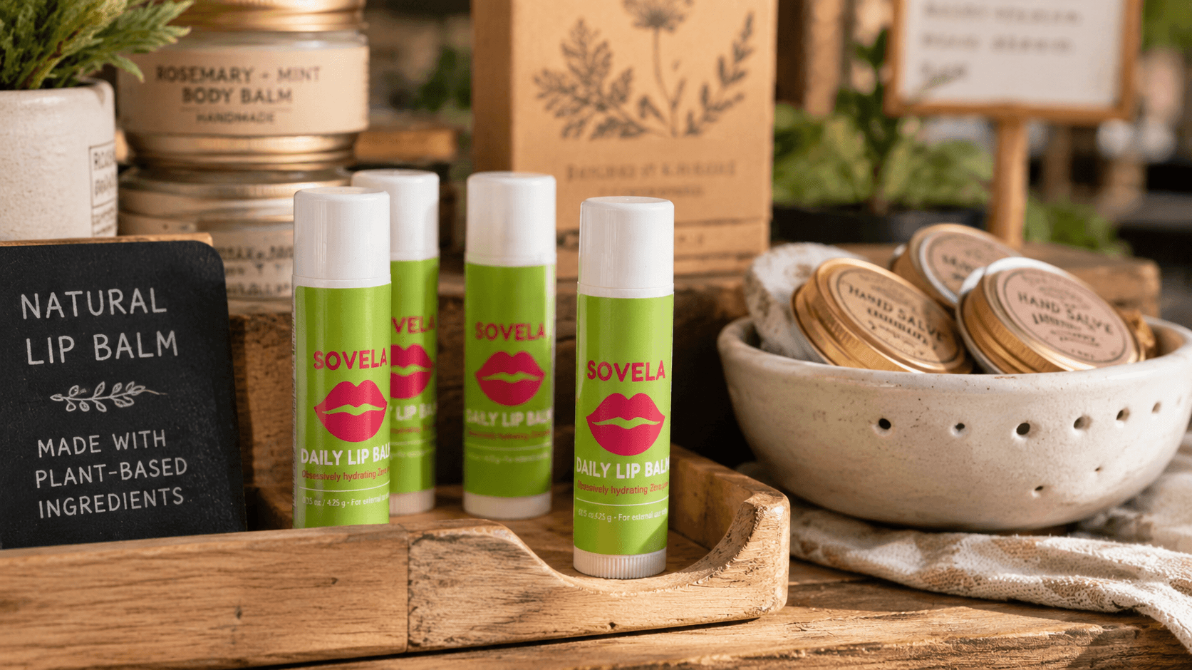 Custom glossy paper labels applied to branded lip balm tubes displayed in a farmers market retail setting, showcasing product labels for handmade beauty products, skincare brands, and small businesses.