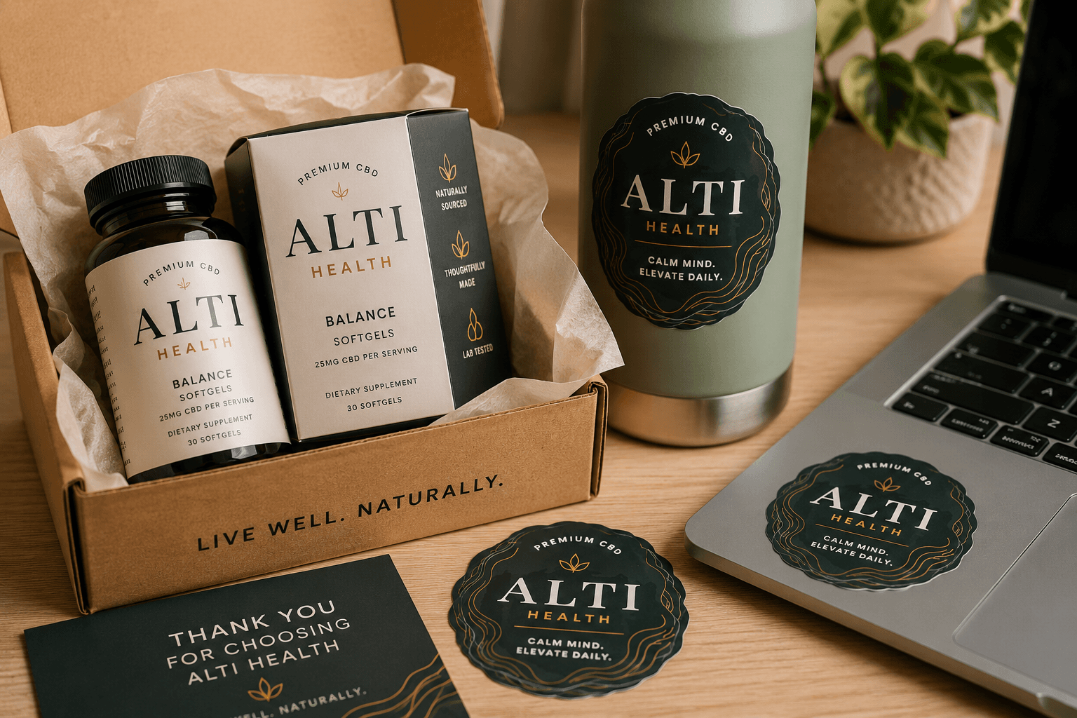 Custom wellness brand stickers included with supplement packaging, shipping boxes, water bottles, and promotional inserts to build brand recognition beyond the product label.