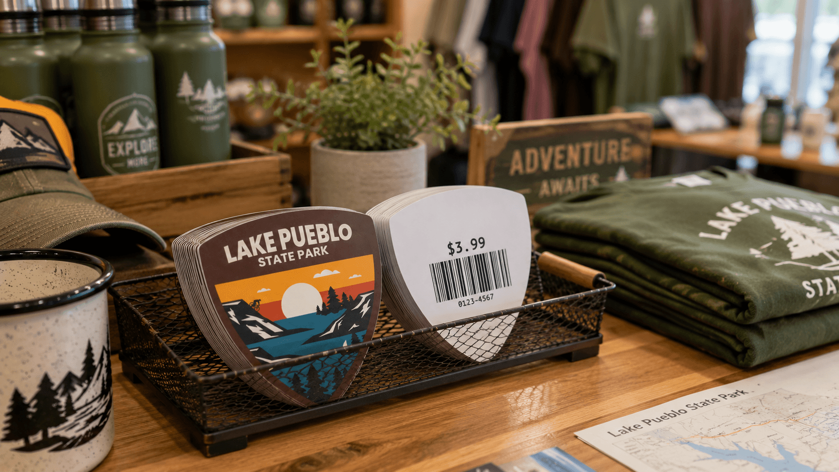 Lake Pueblo State Park stickers with barcode backprinting displayed in a retail gift shop.