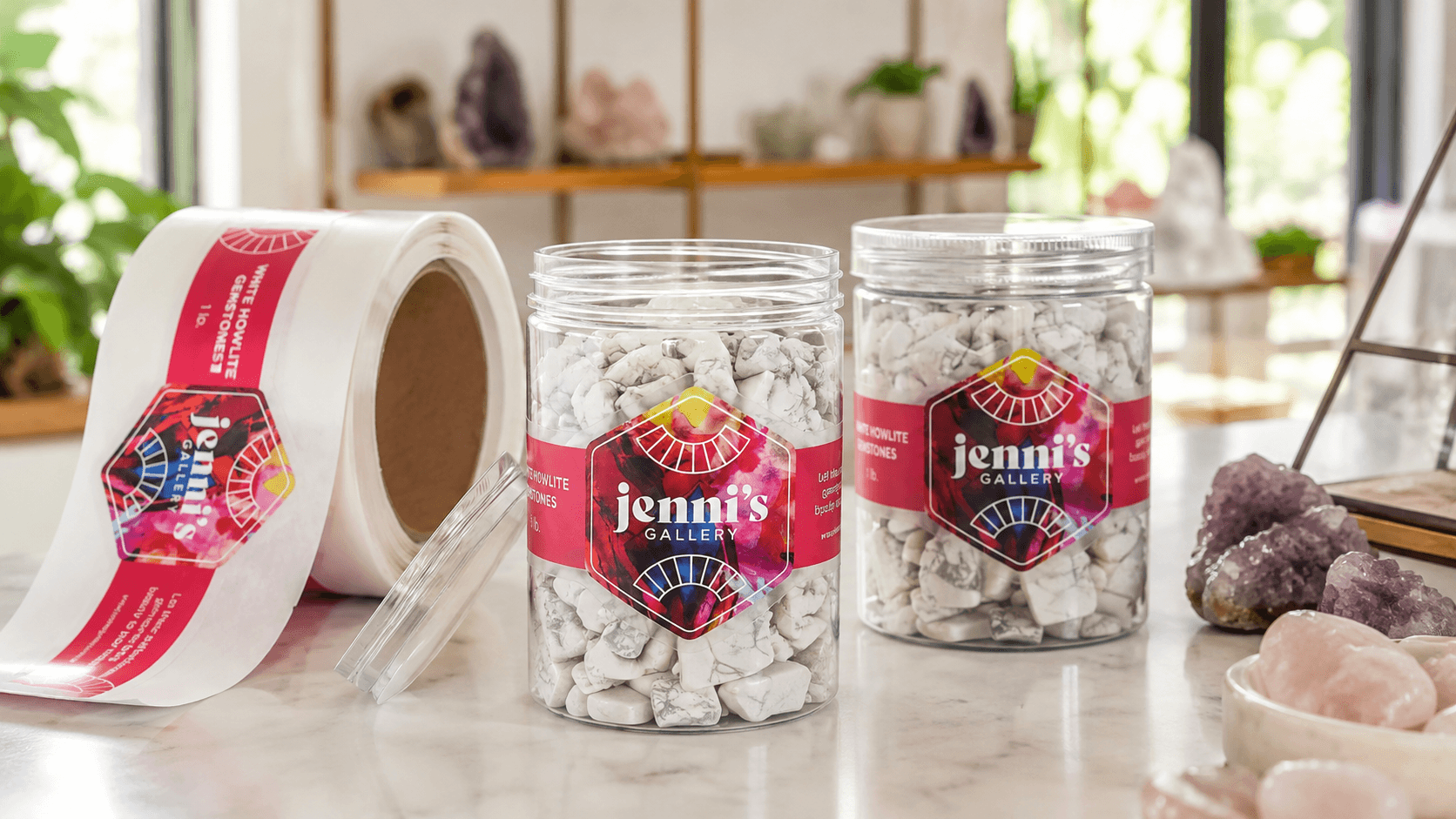 Clear roll labels displayed on gemstone jars in a crystal retail shop, highlighting transparent custom labels on clear packaging.