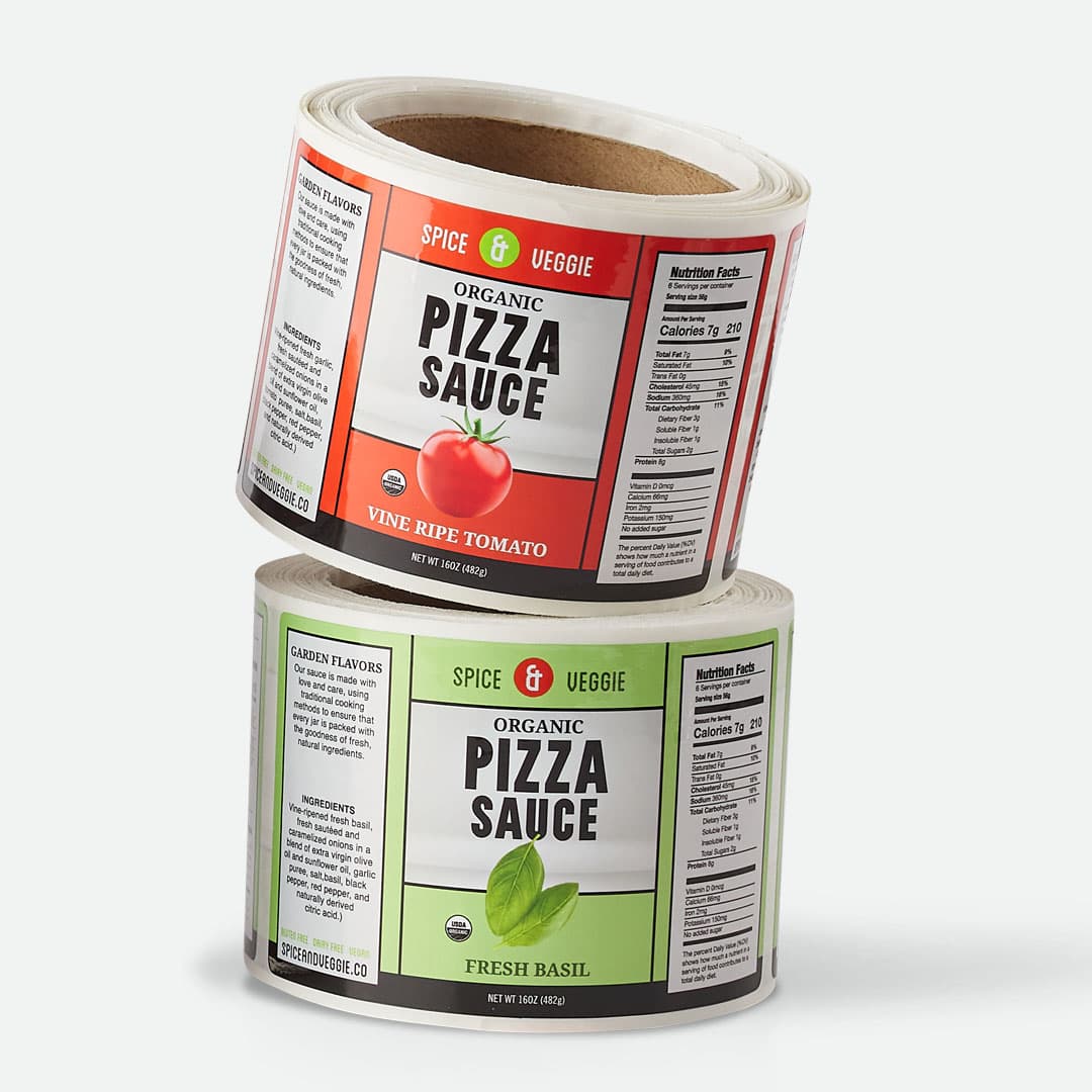 Glossy roll labels for Spice & Veggie organic pizza sauce shown in two flavor variations with vibrant full color printing.