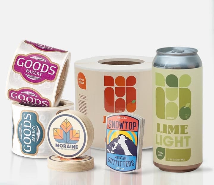 A collection of custom product labels and stickers is displayed on rolls, packaging, and a beverage can, including bakery, outdoor, and drink brand designs.