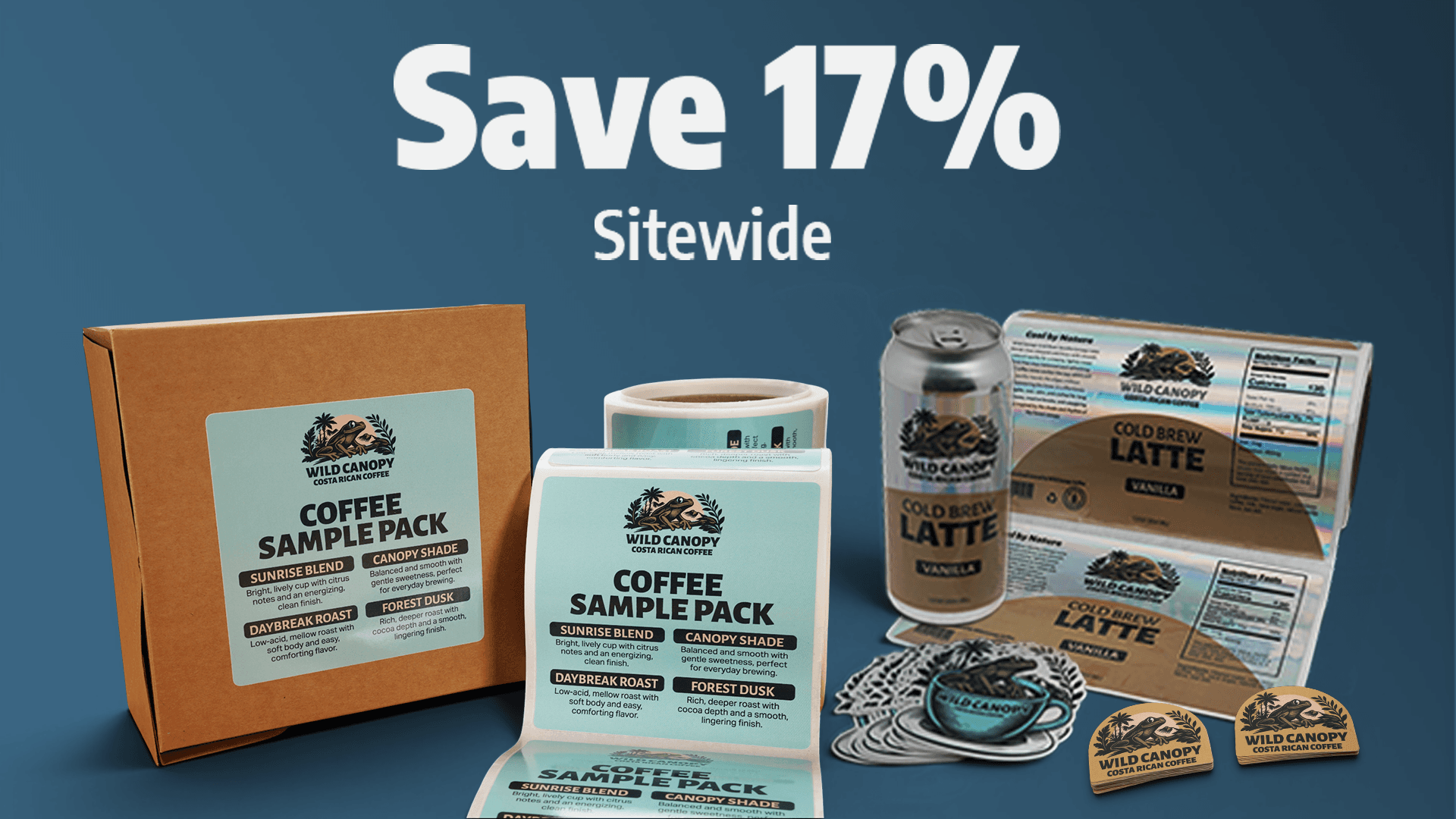 Save 17% sitewide promotion featuring custom product labels, a coffee sample pack box, roll labels, a labeled beverage can, die cut stickers, and sticker badges.