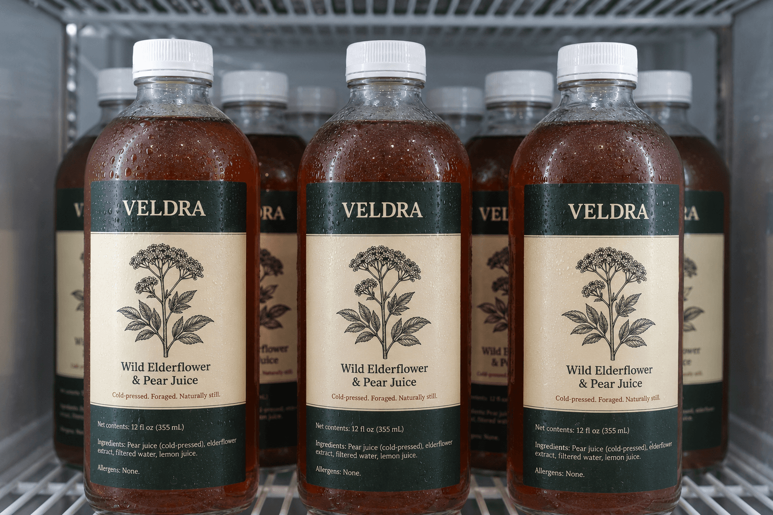 Multiple bottles of VELDRA Wild Elderflower & Pear Juice displayed in a refrigerated retail cooler with chilled bottles arranged on store shelves.