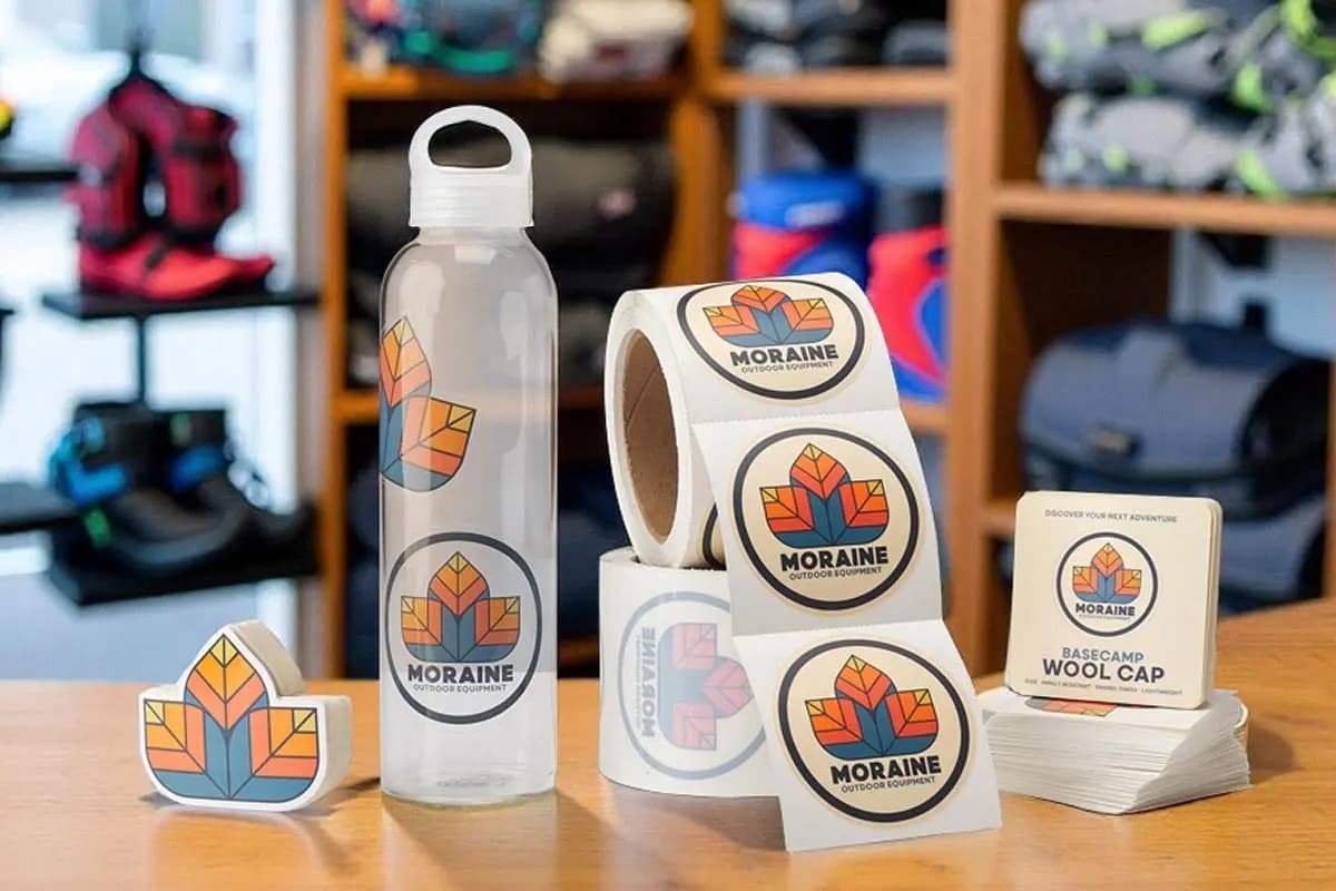 Custom branded stickers, roll labels, water bottle decal, and product labels displayed together as promotional marketing products.