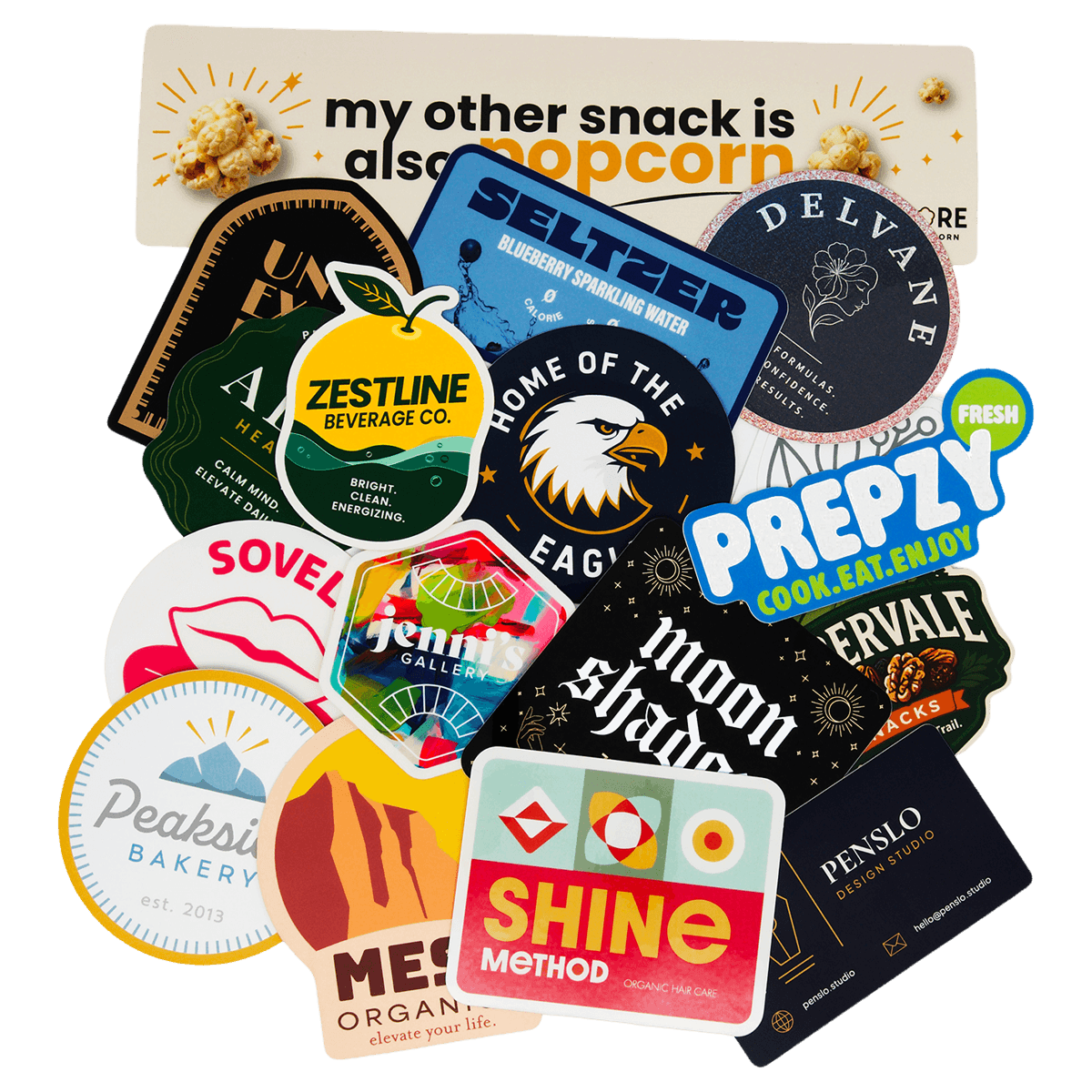 Assortment of custom stickers, sticker sheets, roll labels, product labels, and branded packaging labels displayed on a light gray background.