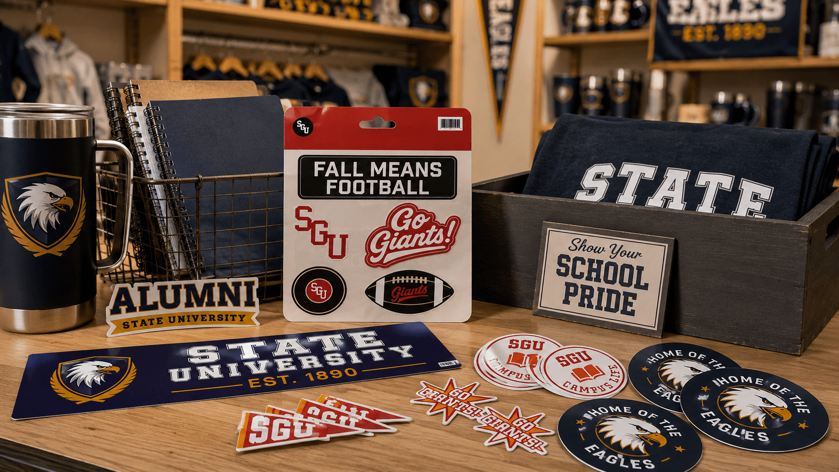 School and university stickers displayed in a campus bookstore retail setting.
