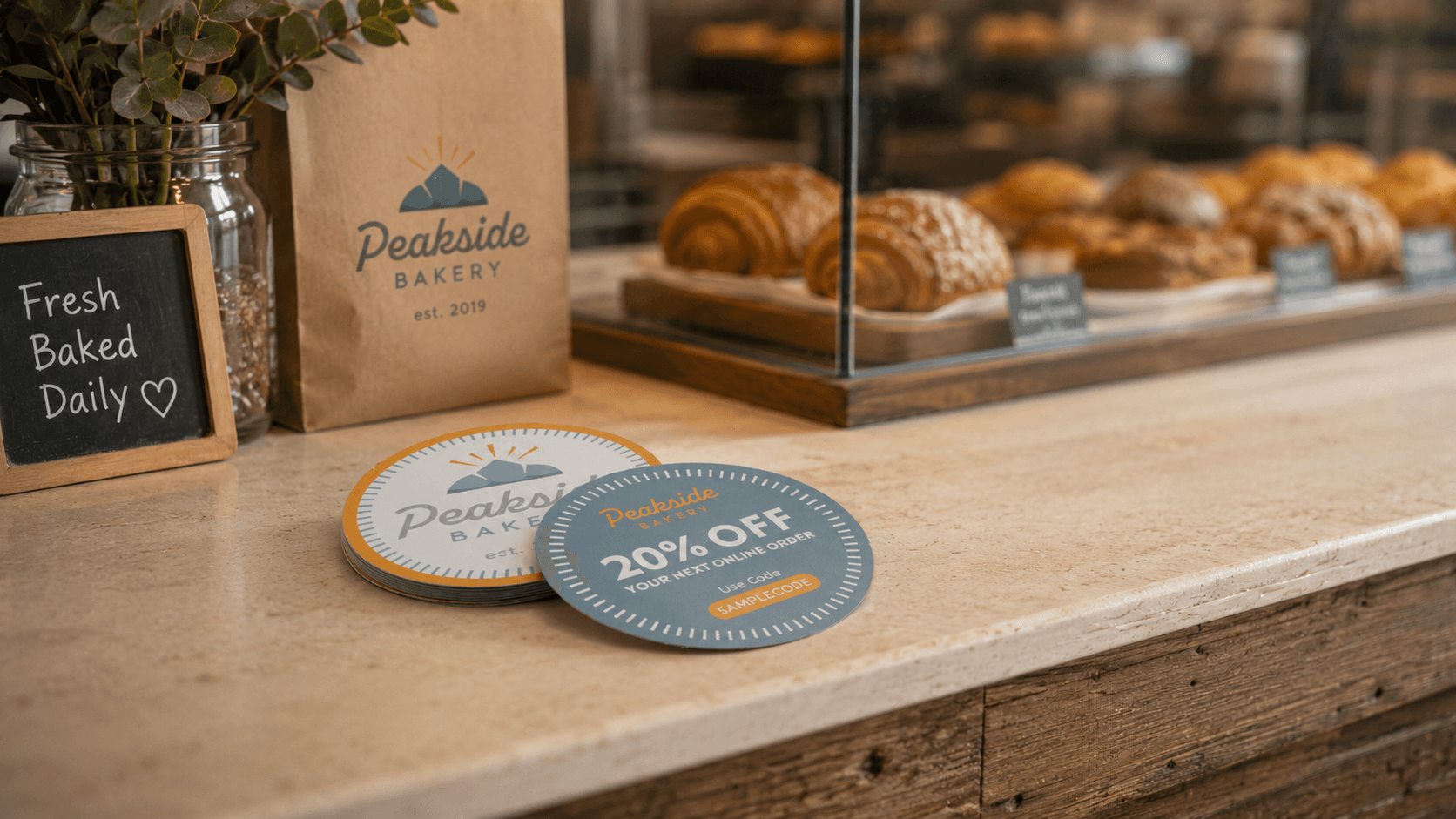 Backprinted round bakery stickers on a countertop in a bakery setting with pastries in the background.