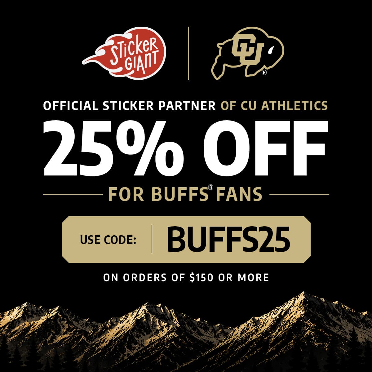 StickerGiant and University of Colorado Boulder partnership promoting 25% off custom stickers for CU Buffs fans.