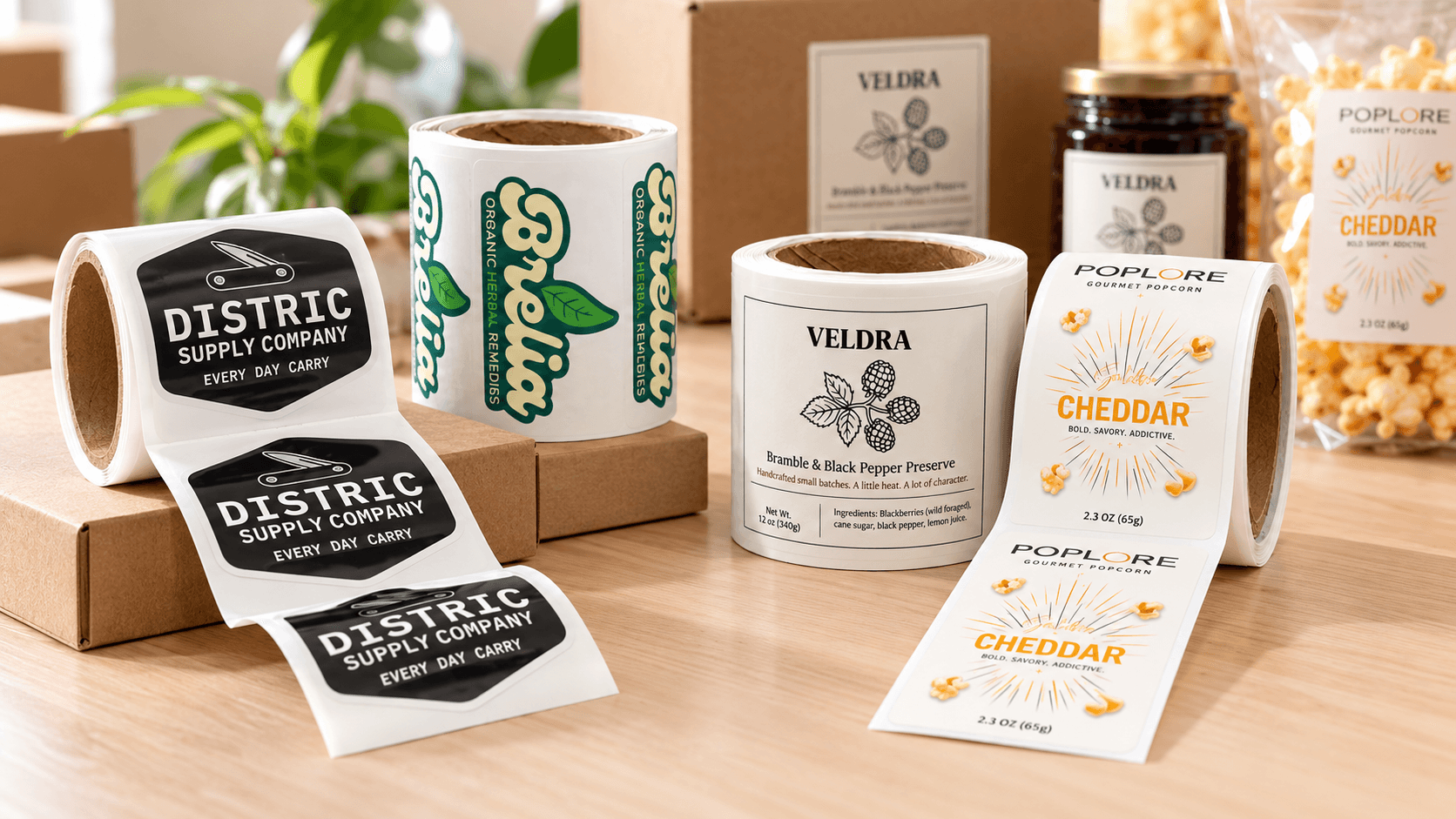 Custom label rolls in different sizes arranged with product packaging, showing how roll quantities can support inventory and fulfillment.