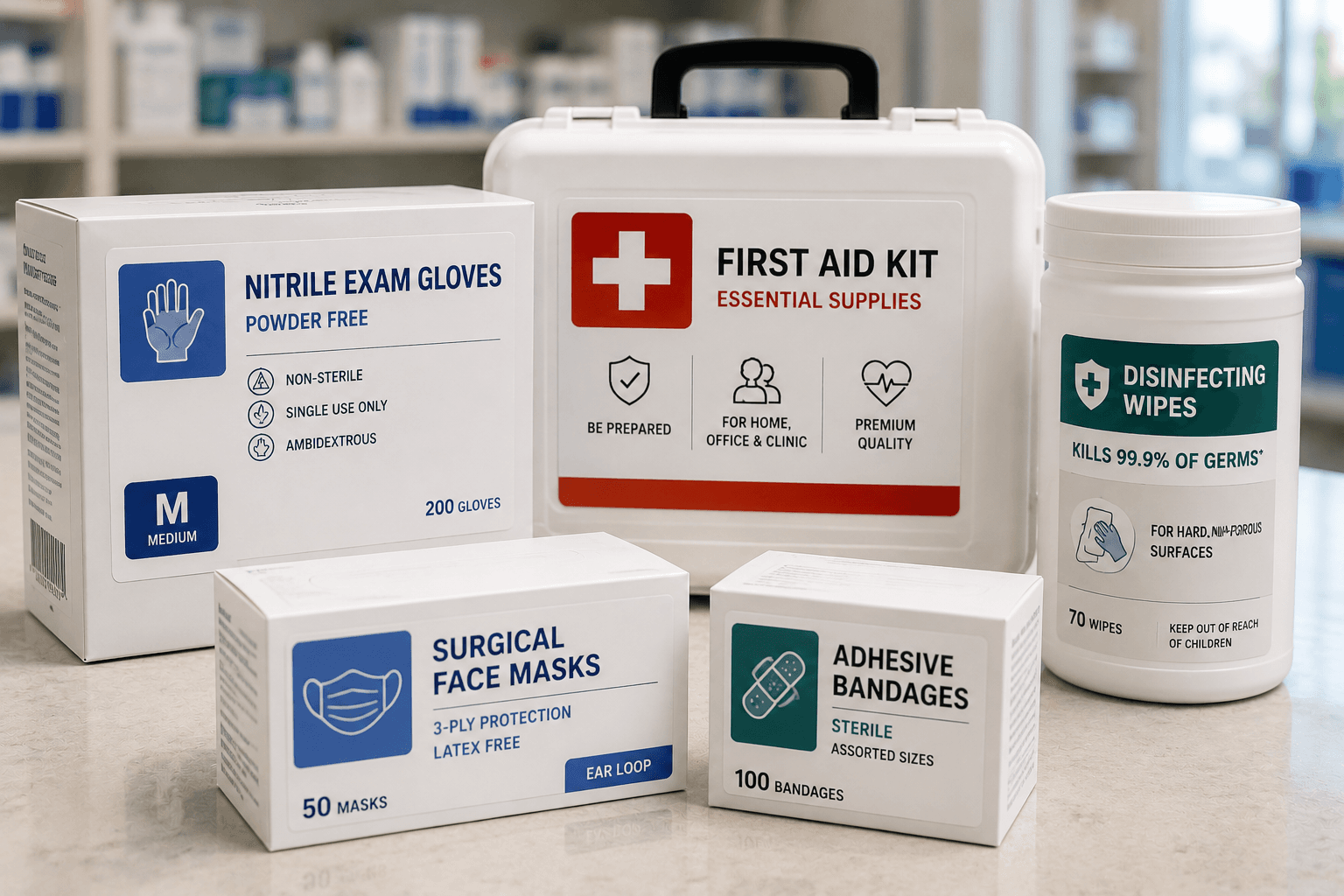 Custom healthcare labels applied to medical supply packaging including nitrile gloves, surgical face masks, first aid kits, disinfecting wipes, and bandages.