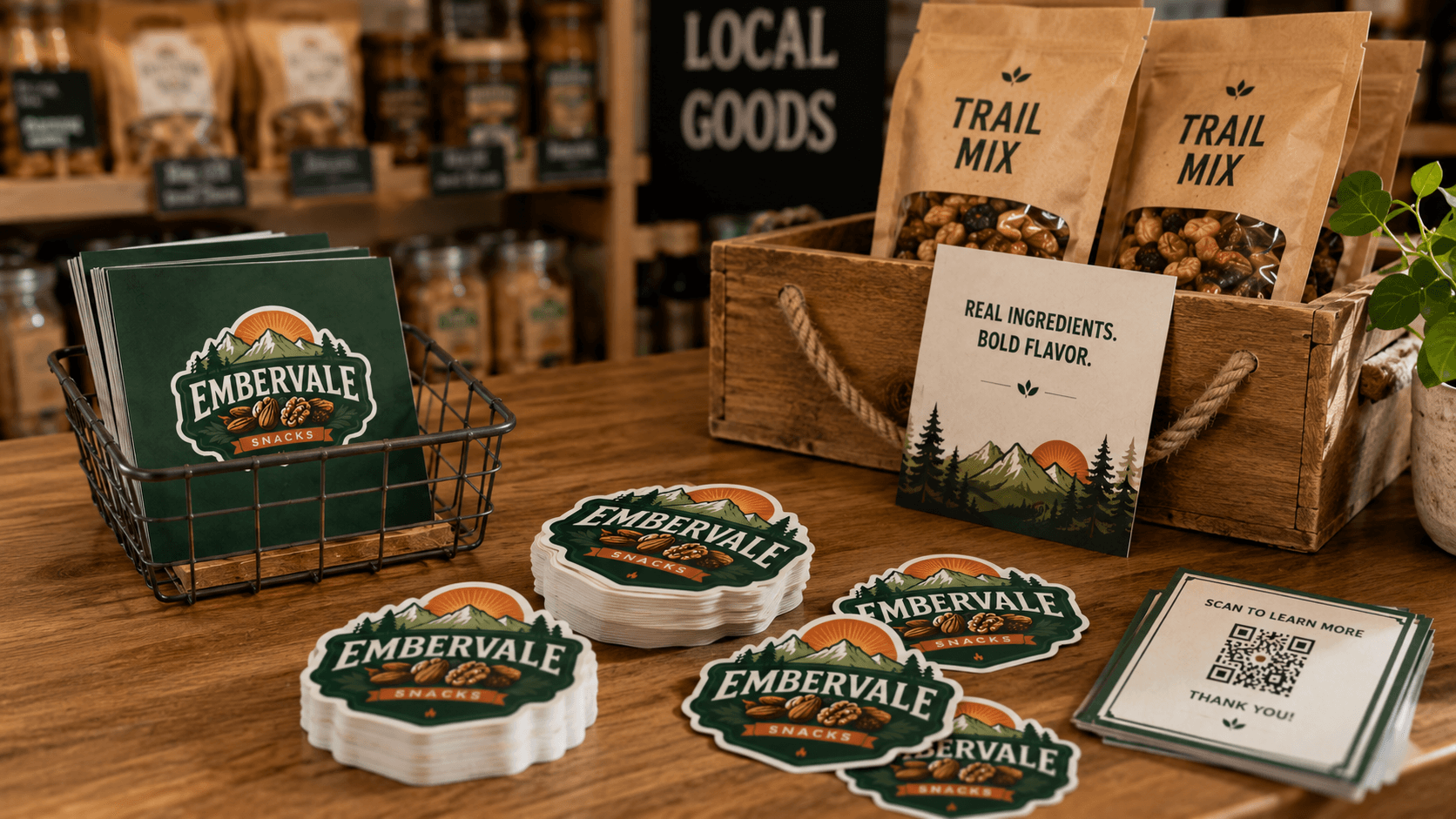 Custom promotional die cut stickers displayed on a retail countertop with branded inserts and food packaging in a specialty grocery store.