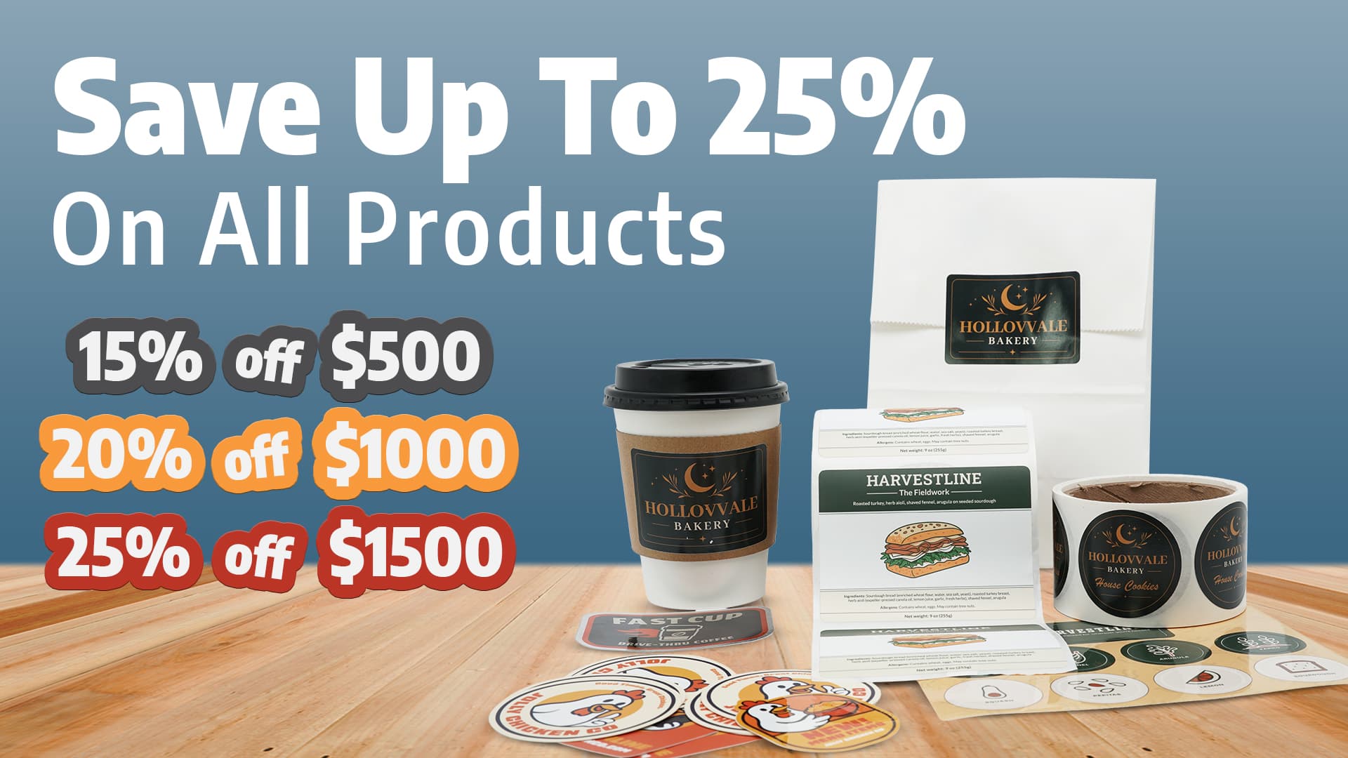 Promotional graphic showing custom stickers and labels on product packaging with tiered savings: 15% off $500, 20% off $1,000, and 25% off $1,500.