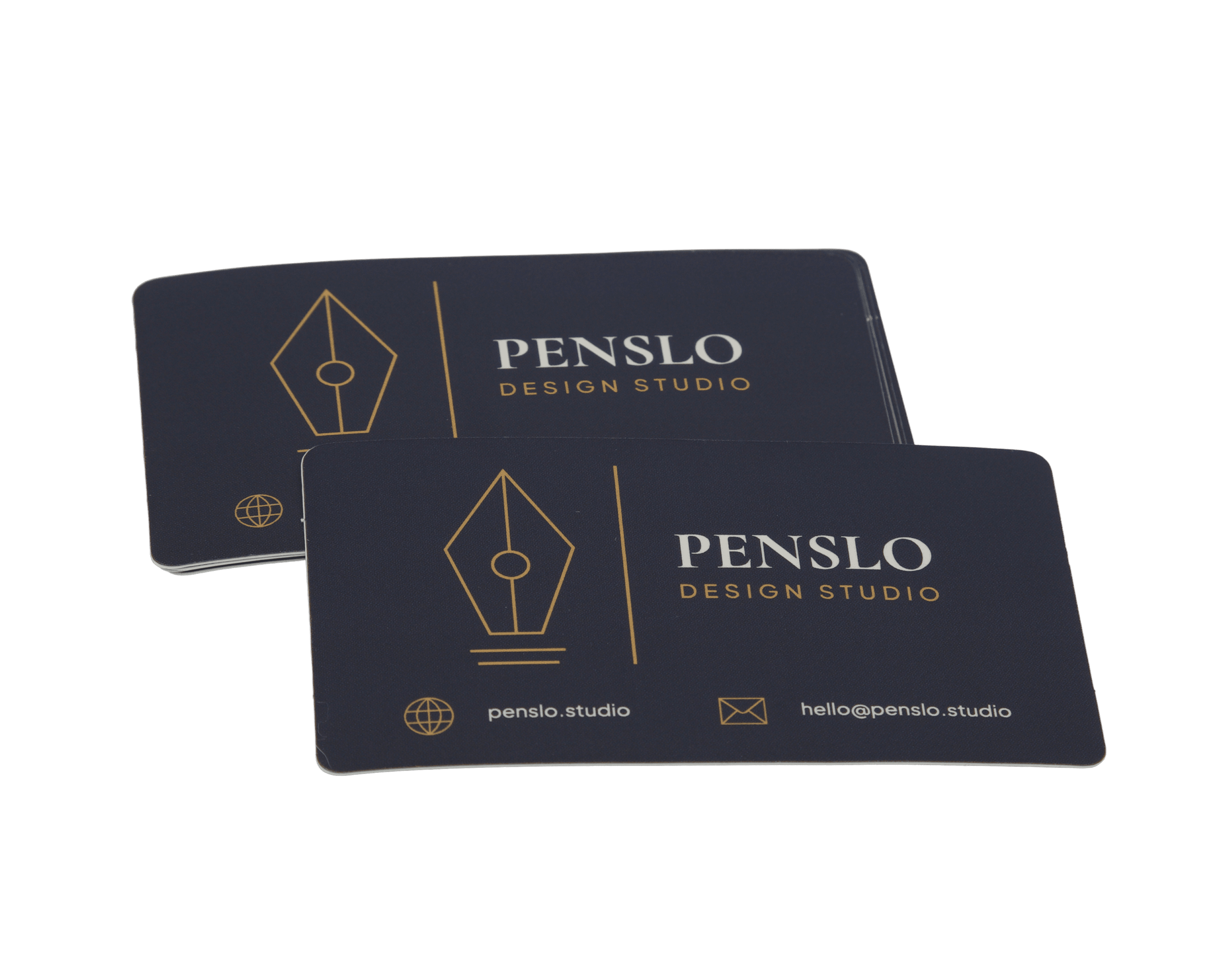 Custom business cards with rounded corners featuring a premium design studio logo and contact information.