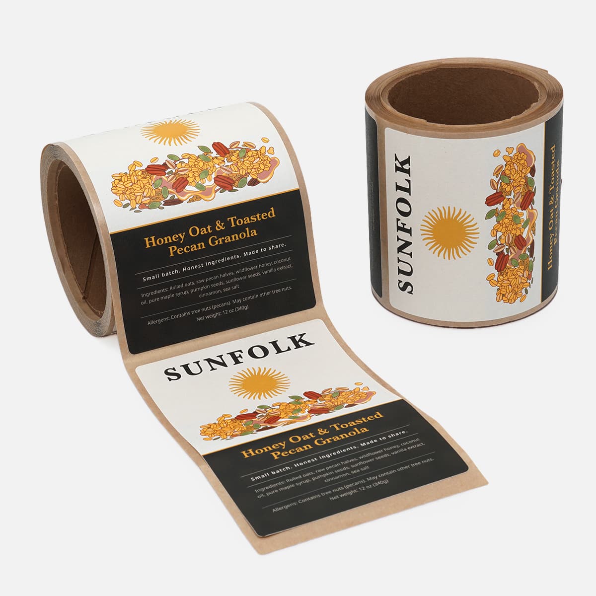 Custom matte recycled paper roll labels for food packaging applied to granola bags, featuring an eco friendly paper finish for packaged food products.