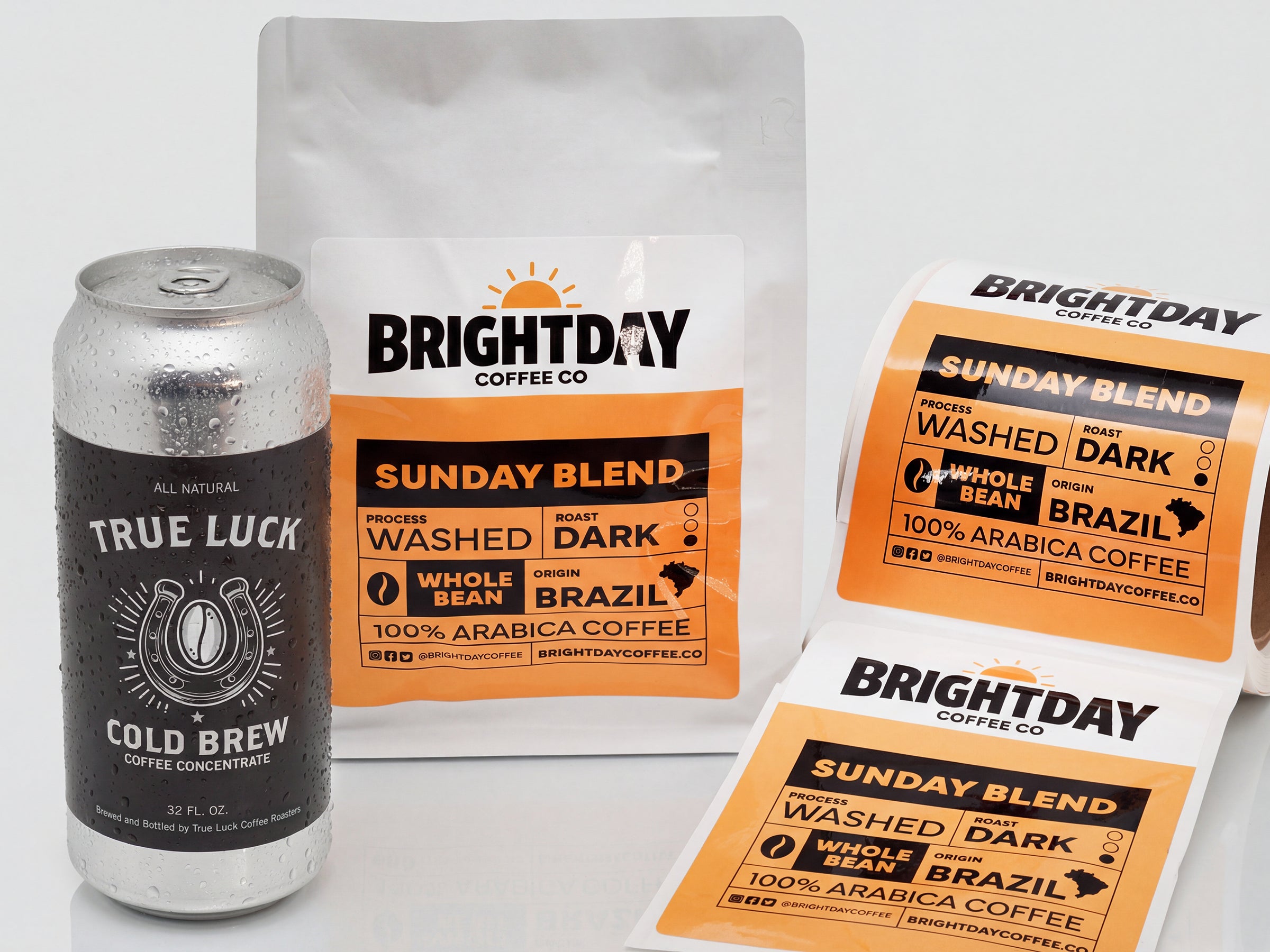 Cold brew coffee can and coffee bag with custom laminated BOPP product labels.