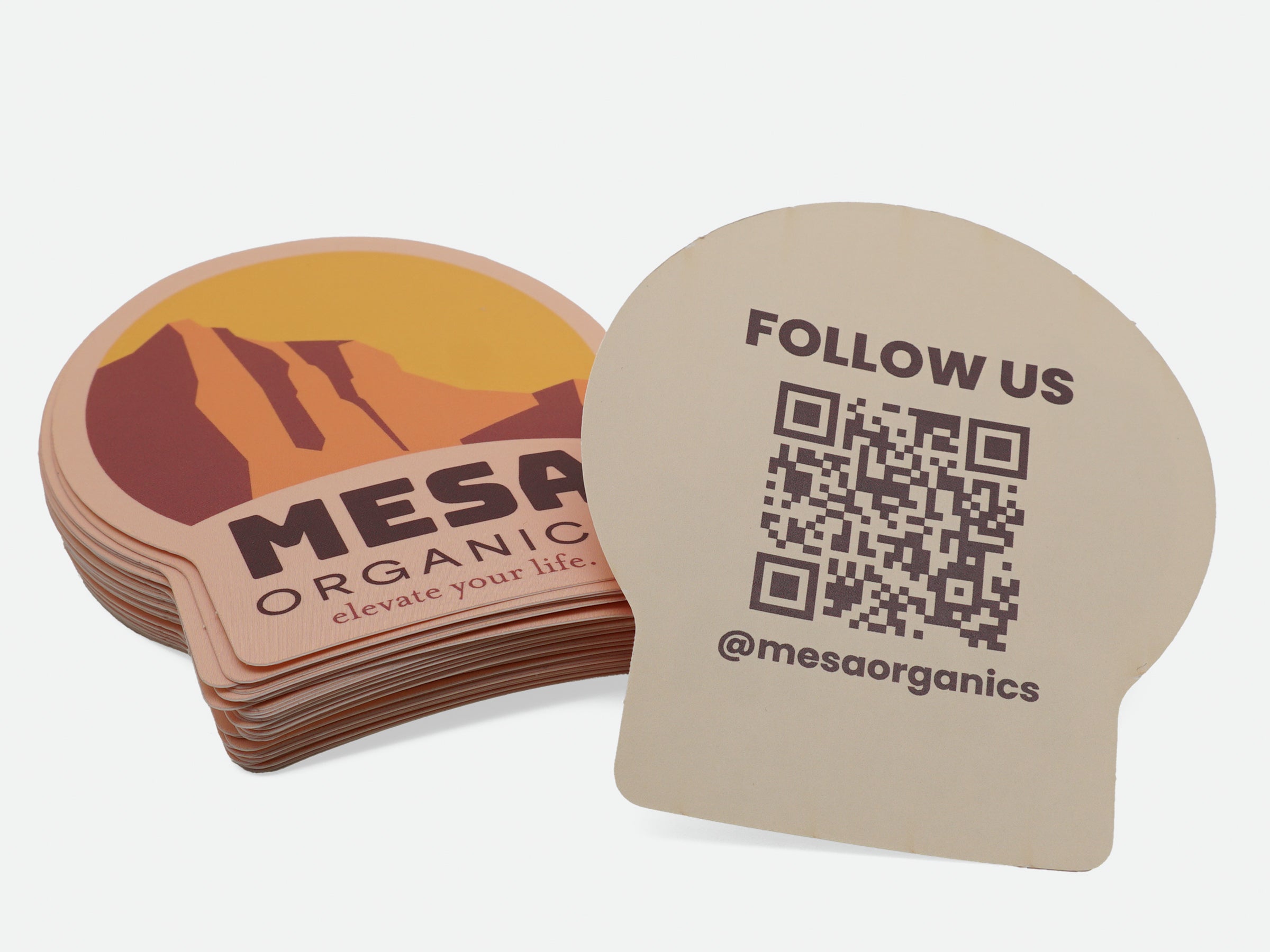 Backprinted custom shape stickers with QR code and brand logo.