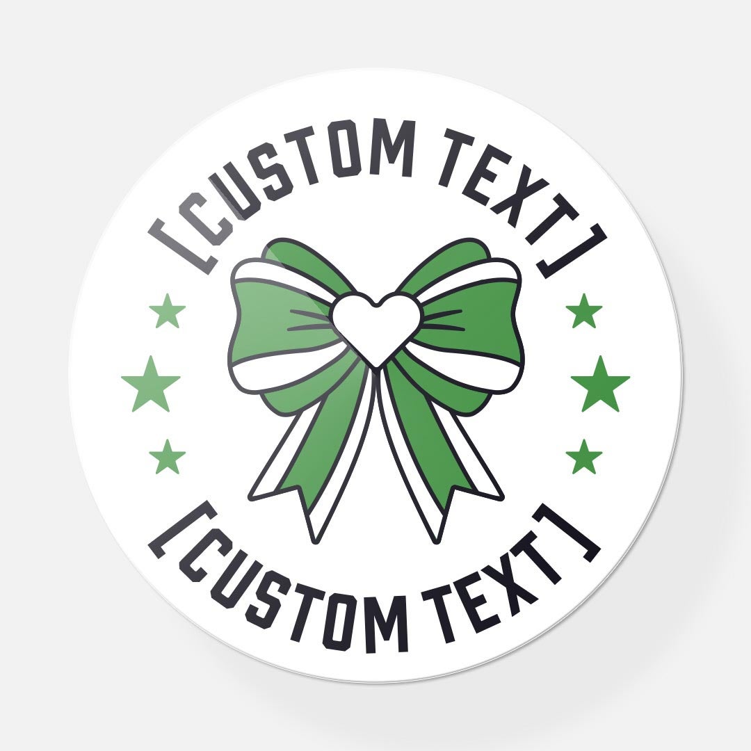 Custom cheer bow sticker with green ribbon and stars.