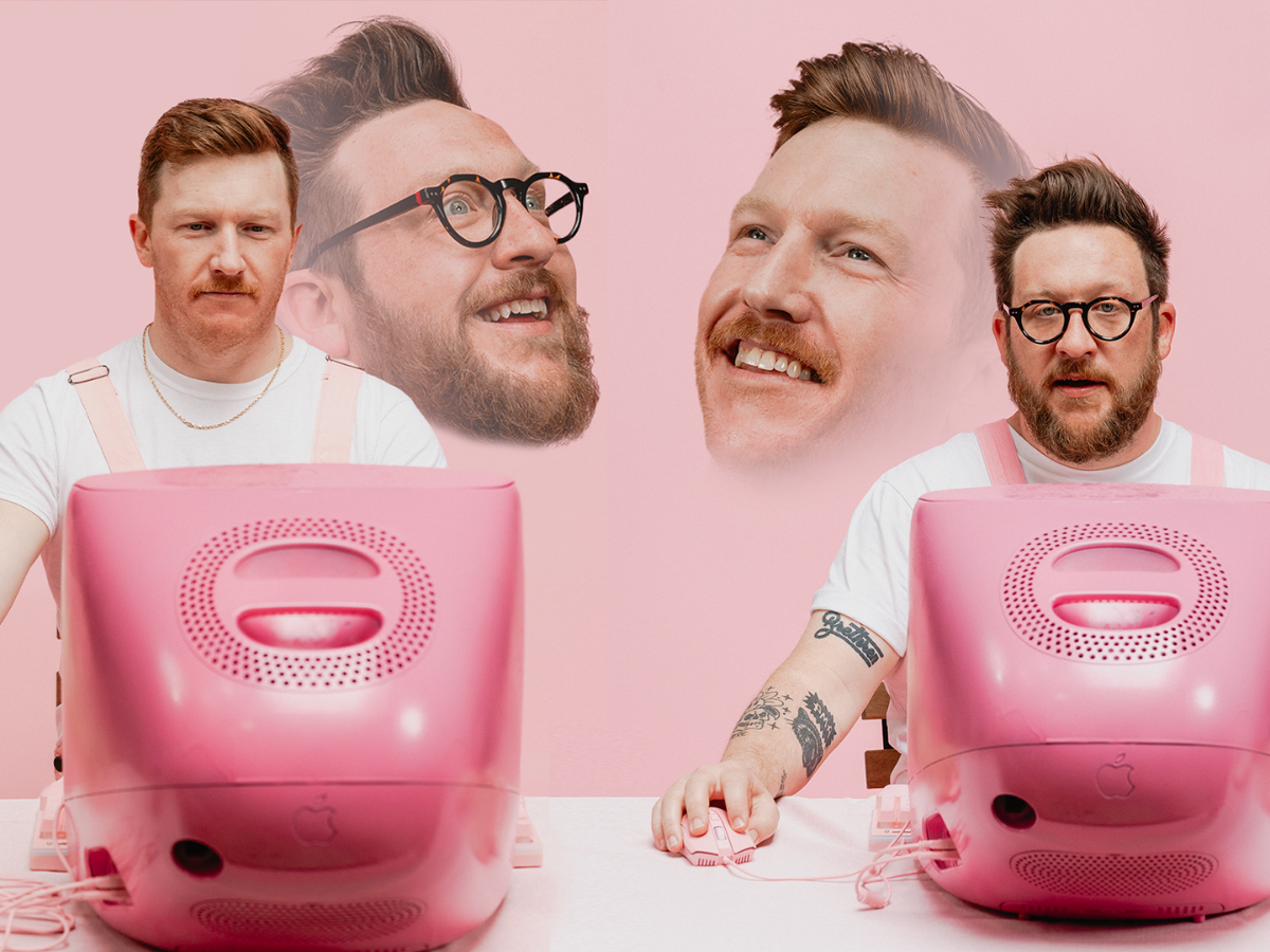 Two people sit at pink vintage iMac computers against a pink backdrop, with large floating portraits of their faces blended into the background.