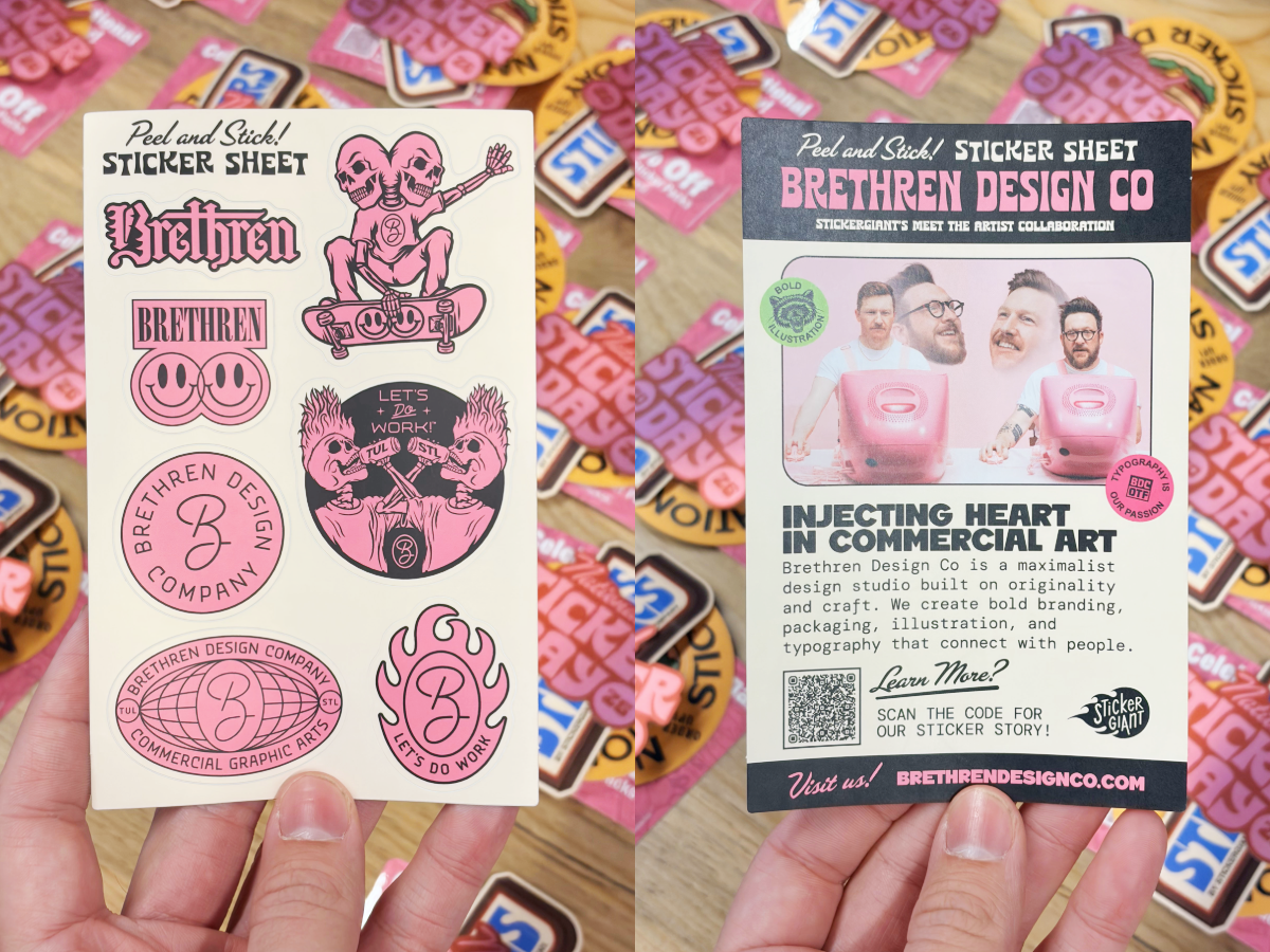Hands hold a Brethren sticker sheet on the left and its info card on the right, displayed above a table covered in National Sticker Day stickers.
