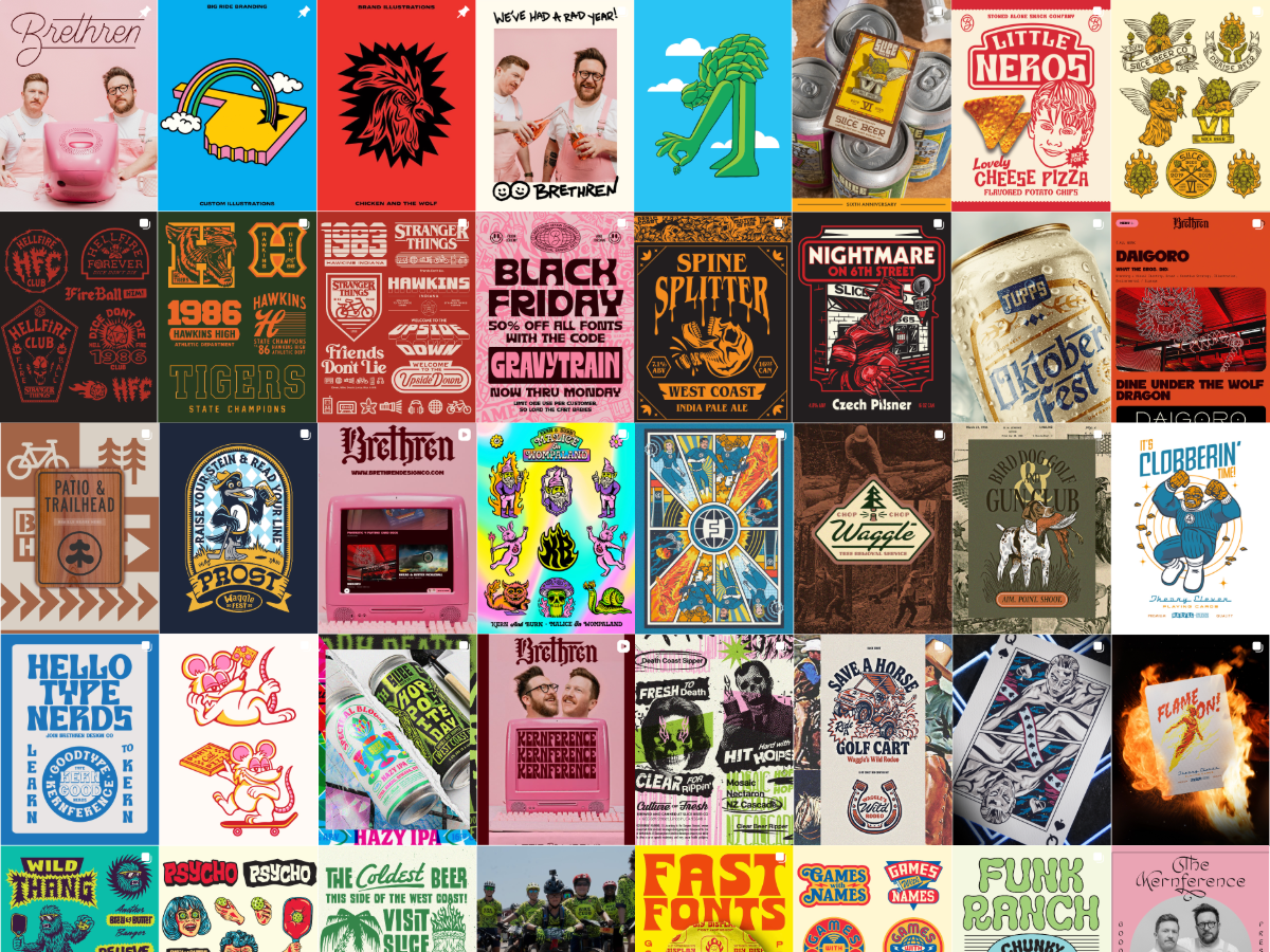 A collage of colorful graphic design and illustration work arranged in a grid.