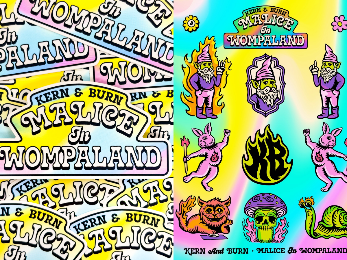 Colorful &lsquo;Malice in Wompaland&rsquo; stickers and characters with gnomes, rabbits, flames, and psychedelic designs on a bright gradient background.