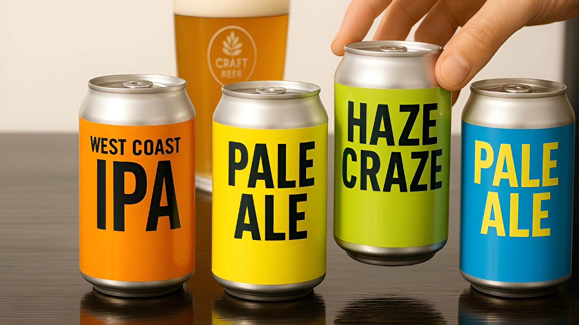 Colorful craft beer cans labeled West Coast IPA, Pale Ale, and Haze Craze on a table.