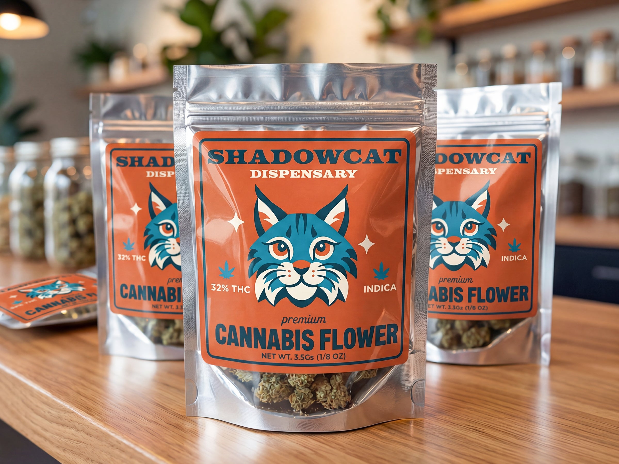 Cannabis flower pouches with custom dispensary product labels.