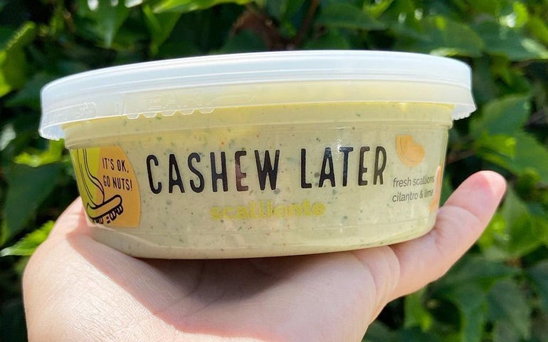 Clear Label on Cashew Later dip container showing product through the packaging.