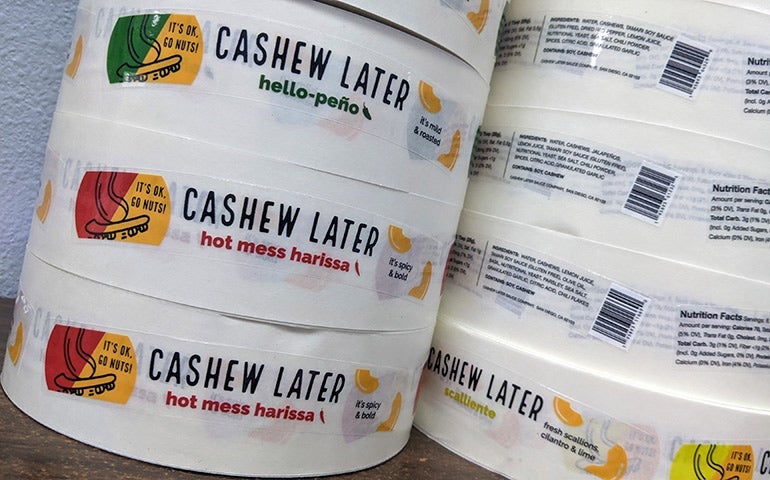 Close-up of Clear Label with white ink behind typography