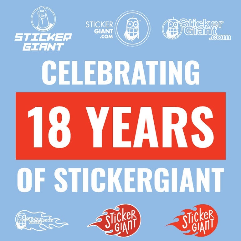 Graphic celebrating 18 years of StickerGiant, featuring past StickerGiant logo designs and a large banner reading ‘Celebrating 18 Years of StickerGiant.’