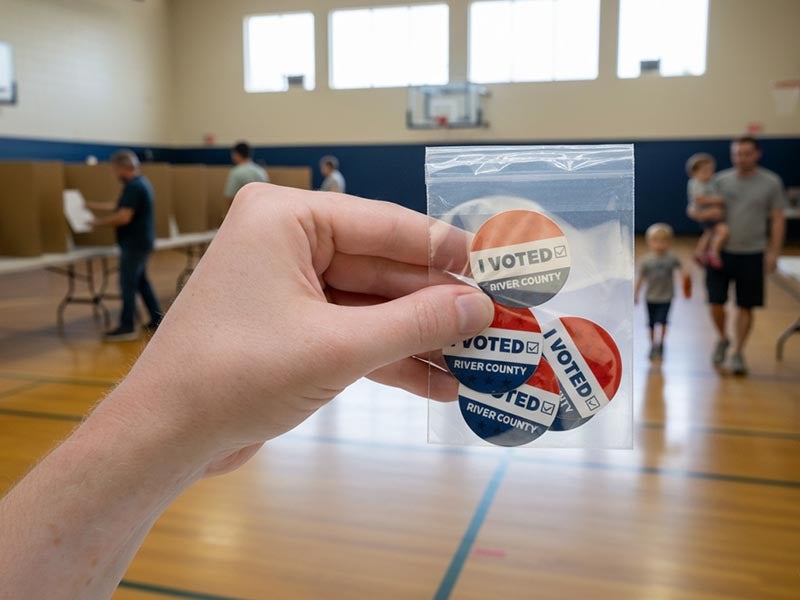 Hand holding a resealable bag of ‘I Voted’ stickers inside a community voting center.
