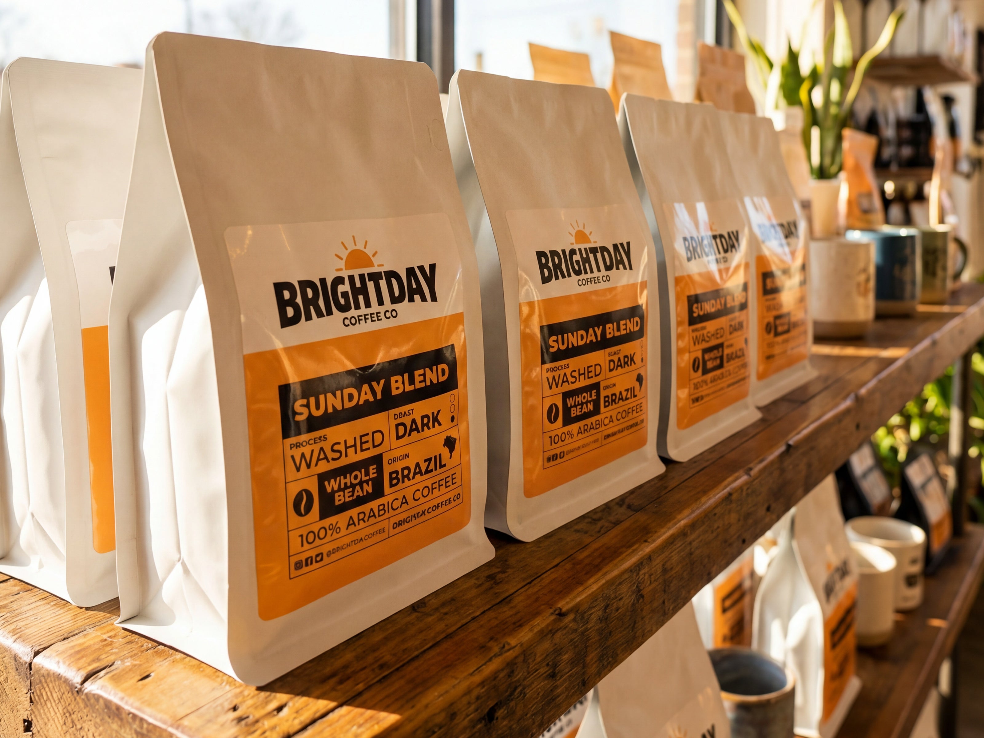 Retail shelf display of BrightDay Coffee Sunday Blend bags with custom product labels for whole bean coffee packaging.