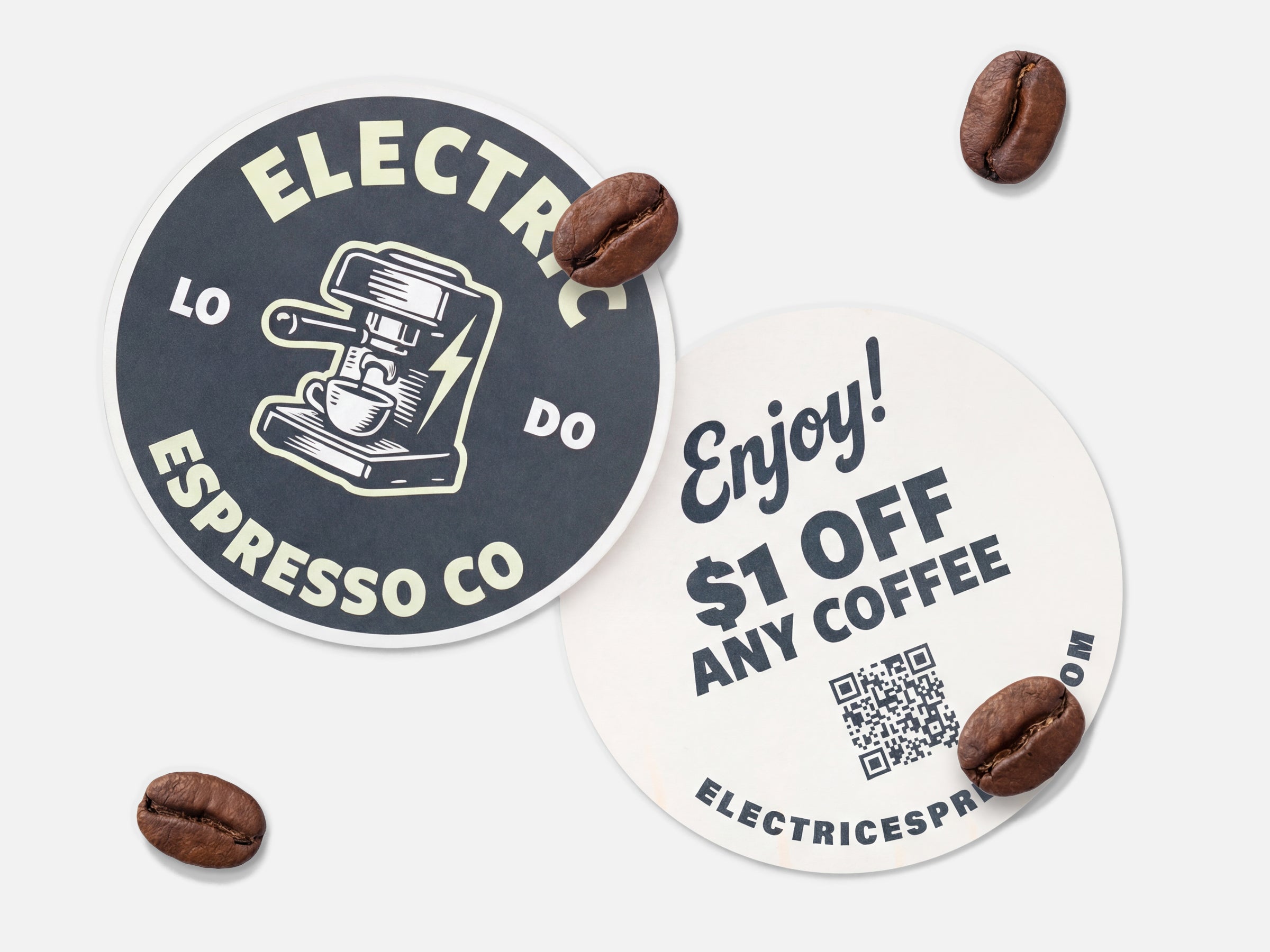 Coffee shop promotional stickers with QR code and espresso logo.