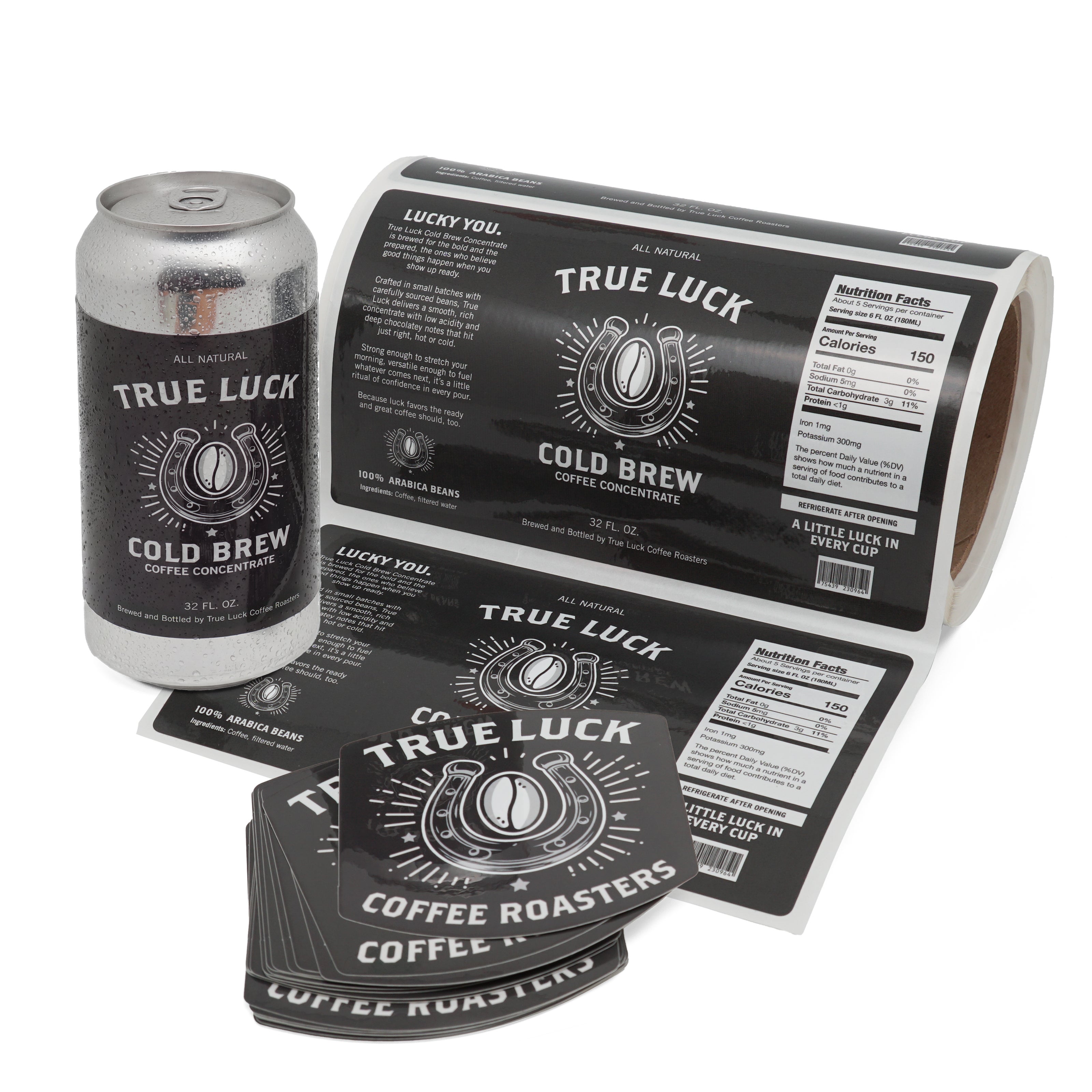 Cold brew coffee can with custom product labels, label roll, and branded stickers for beverage packaging.