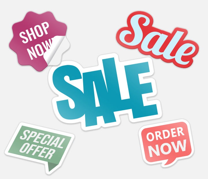 Promotional stickers with phrases: Sale, Shop Now, Special Offer, and Order Now.