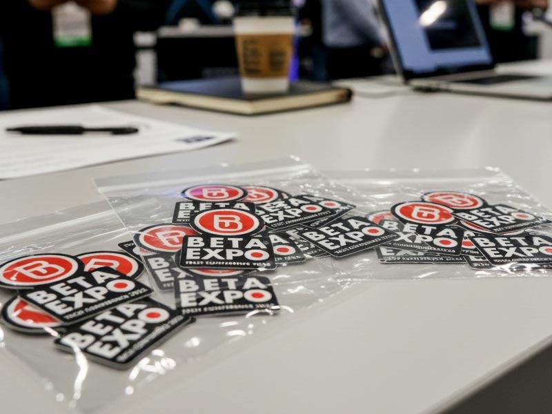 Stacks of Beta Expo stickers in clear packaging displayed on a conference table.