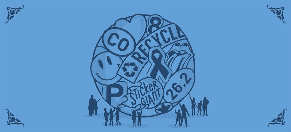 Illustrated scene of a large sticker-covered ball with people gathered around it on a blue background.