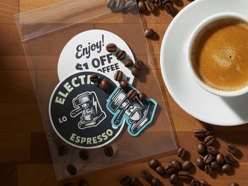Coffee-themed sticker pack with espresso designs and a coupon surrounded by coffee beans and a cup of espresso.