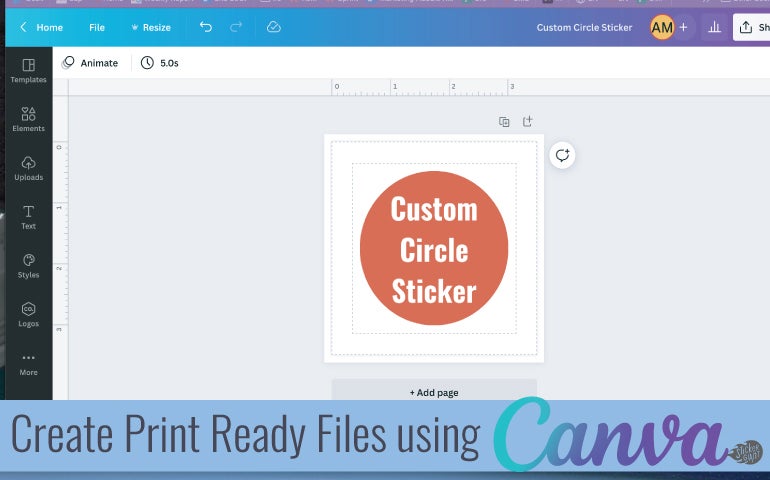 Canva workspace showing a custom circle sticker design.