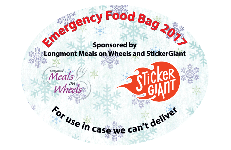 Oval emergency food bag sticker showing “Emergency Food Bag 2017,” sponsored by Longmont Meals on Wheels and StickerGiant, with snowflake background and both logos.
