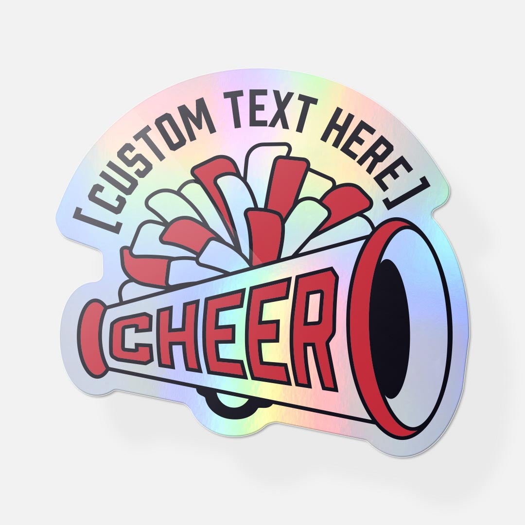 Custom holographic cheer megaphone sticker with pom-poms.