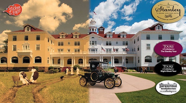 Split historic and modern view of the Stanley Hotel with tour sticker designs and a StickerGiant logo.