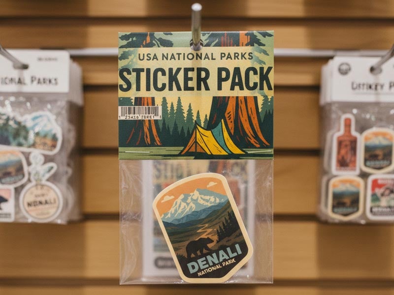 Denali National Park sticker pack with custom header card displayed on a retail pegboard.