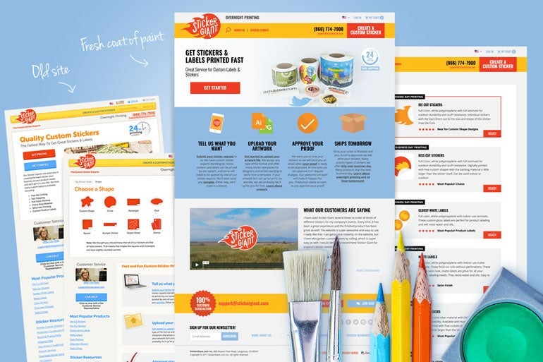 Old and new StickerGiant website designs shown side by side with art tools symbolizing a refreshed look.