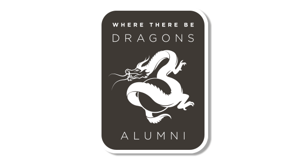 Where There Be Dragons alumni sticker featuring a white dragon illustration on a dark background.