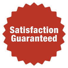 A red starburst shape with Satisfaction Guaranteed typed on it