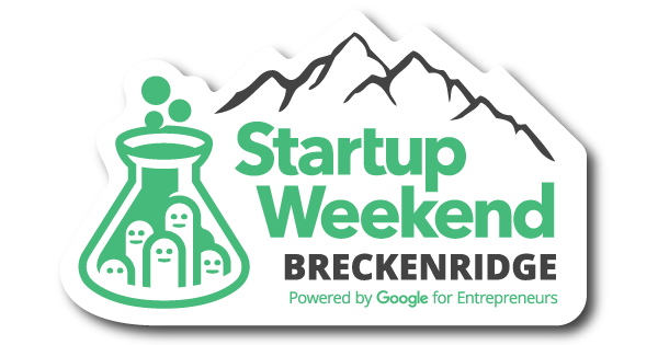 Startup Weekend Breckenridge logo featuring a bubbling flask with character icons and a mountain silhouette.