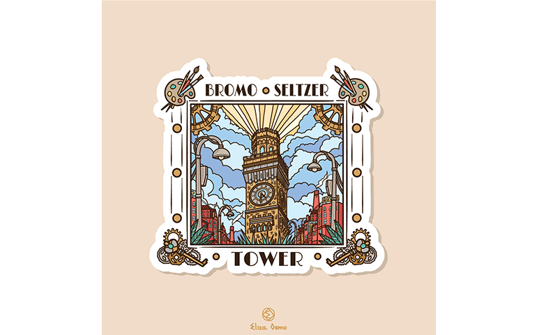 Illustrated Bromo Seltzer Tower sticker with a detailed cityscape and sunburst background.